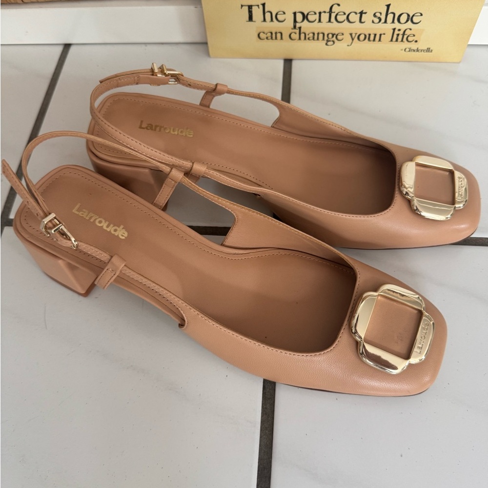 Larroude Nude/Tan Slingback Heels with Gold Buckle